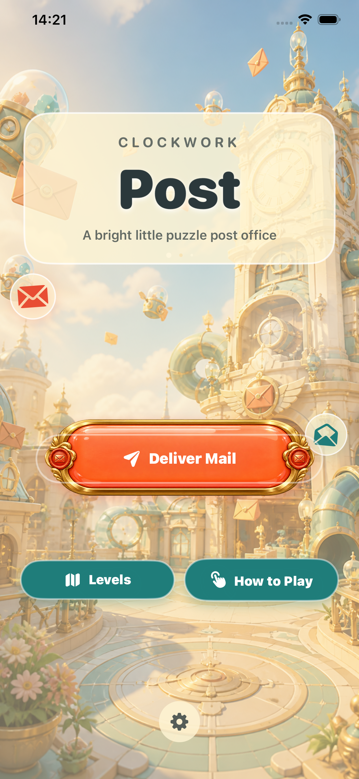 Clockwork Post home screen with a bright clockwork post office and Deliver Mail button